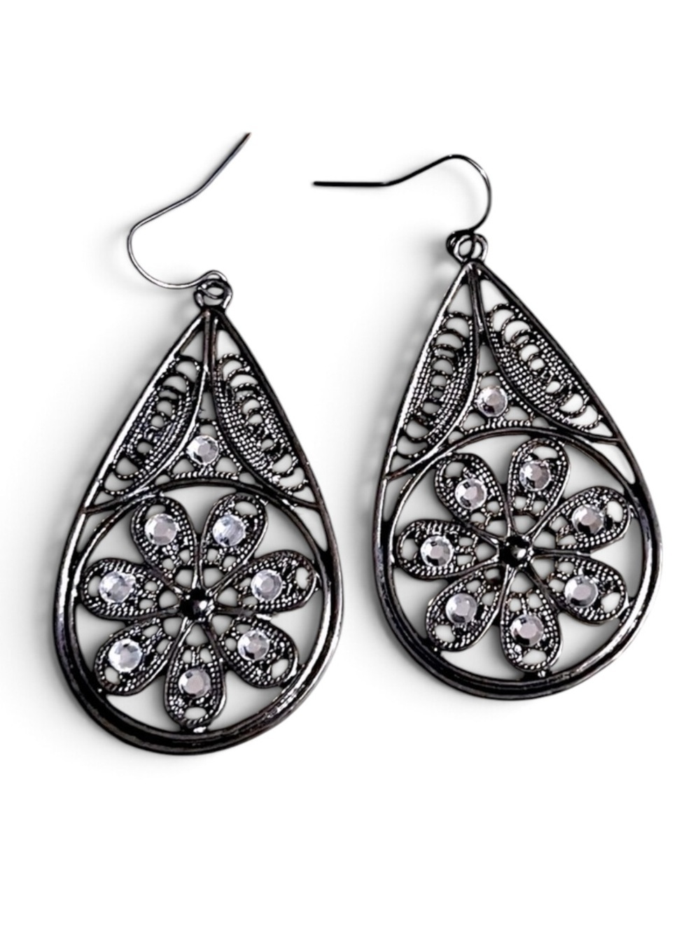 Teardrop Silver Crystal Rhinestone Earrings